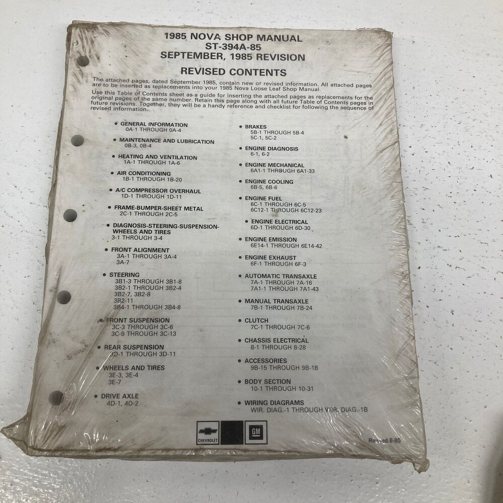 Chevrolet Nova Shop Manual ST-394A-85 GM 1985 SEALED Loose Leaf